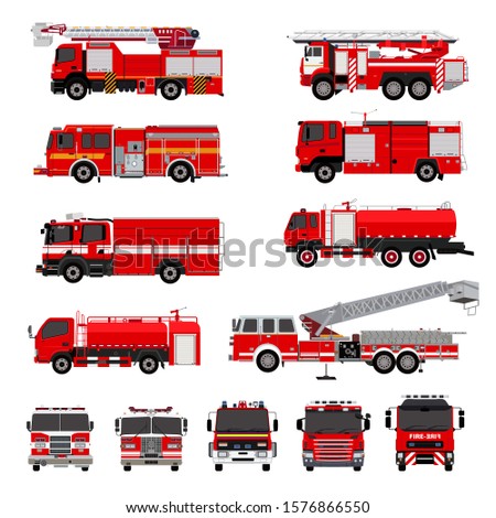 Fire engines, fire trucks collection. Isolated. Vector illustration.