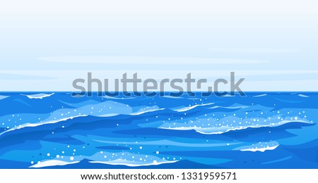 Ocean waves nature background illustration, sea waves in windy cool weather with splashes and foam, panorama of open deep sea ocean, storm waves in world ocean