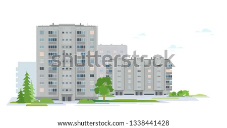 Residential neighborhood of eastern european city with trees and plants, group of grey houses in sleeping district of city isolated