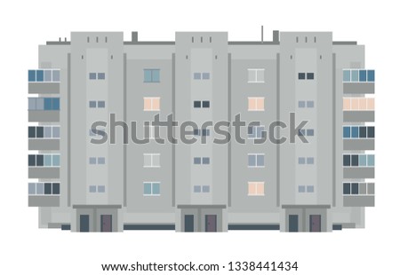 One five-story eastern european building in front view isolated, old soviet building architecture flat style