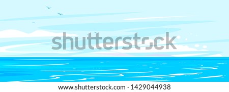 Ocean waves nature background illustration, sea waves in calm sunny weather with splashes and foam, panorama of open deep sea ocean with flying birds on sky