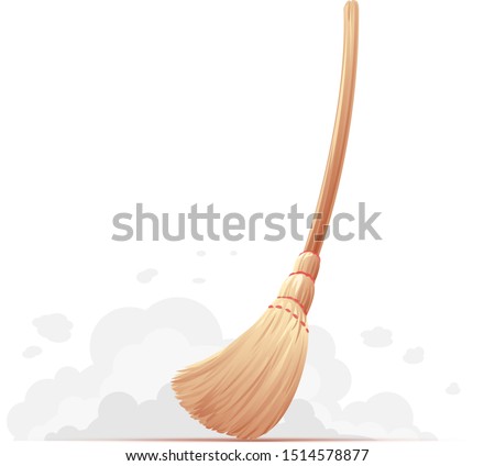 One big yellow broom sweep floor with long wooden handle isolated, household implement from dust and dirt