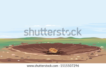 Asteroid crater with cracks and stones at the bottom landscape background, large hot asteroid lies in center of crater on field in day, nature disaster concept illustration background