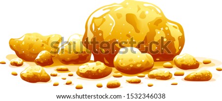 Group golden nuggets isolated illustration, big bright treasure of gold ore, wealth concept illustration, precious stones or lump of golden stones