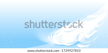 Snow avalanche slides down from mountain slope, natural hazard illustration background on blue sky, danger in mountains concept, dangerous nature phenomenon