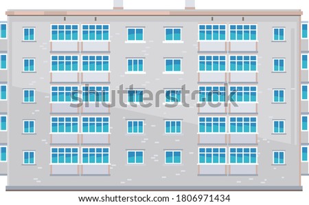 One five-story eastern european building in front view isolated, old soviet building architecture flat style, apartment brick house with balconys