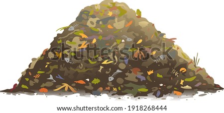 One big brown heap of organic food for compost in side view isolated, composting process of food waste and fallen leaves, transformation of food waste into fertile soil, landfill of organic waste Stockfoto © 
