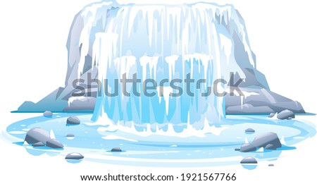 Frozen river waterfall falls from cliff in front view isolated illustration, picturesque tourist attraction with frozen waterfall, natural phenomenon of quite frozen waterfall on steep rocky stream