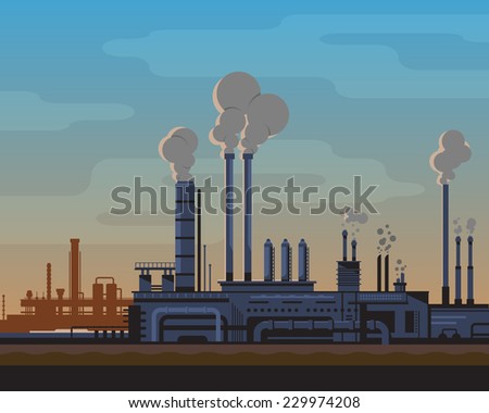 Industrial landscape of manufacturing factory buildings with smoke pipes in sunset. Flat style.