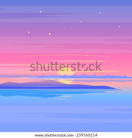 Sea sunset landscape with clouds and islands in purple colors, nature landscape illustration