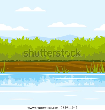 Green bushes near the river with cane and reflection, ground with plants, fishing place, nature game background, tileable horizontally