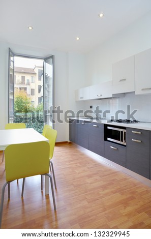 Modern kitchen in new apartment, interior design