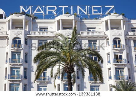 CANNES, FRANCE - MAY 17: Hotel Martinez facade on May 17, 2013 in Cannes, France. Martinez is a luxury hotel where many celebrities live when they are in Cannes.