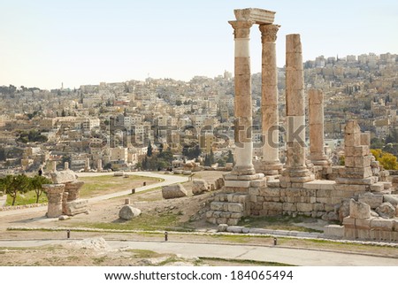 Temple of Hercules archeological site on the Amman citadel with city view, Jordan