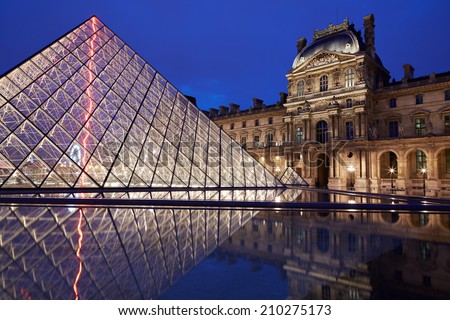 PARIS - JULY 7: Louvre museum and pyramid night view on July 7th, 2014 in Paris, France. Louvre museum hosts one of the biggest art collection in the world.