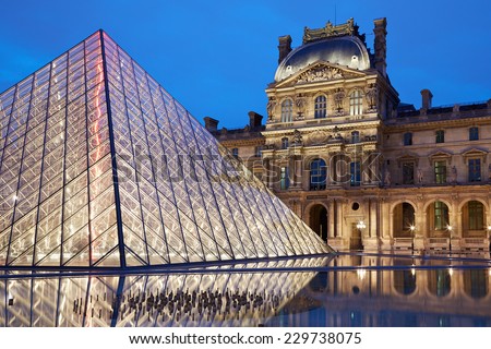 PARIS - JULY 7: Louvre museum and pyramid night view on July 7th, 2014 in Paris, France. Louvre museum hosts one of the biggest art collection in the world.