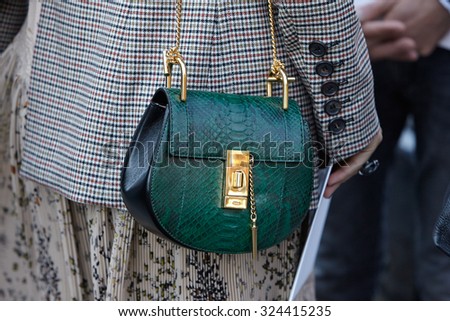 PARIS - OCTOBER 1: Green leather Chloe bag before Chloe show, Paris Fashion Week Day 3, Spring / Summer 2016 street style on October 1, 2015 in Paris.
