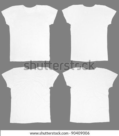 Blank white t-shirts front and back, ironed and wrinkled isolated on white, clipping path included