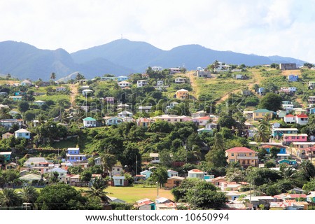 Tropical houses on hill. on the island of Antigua