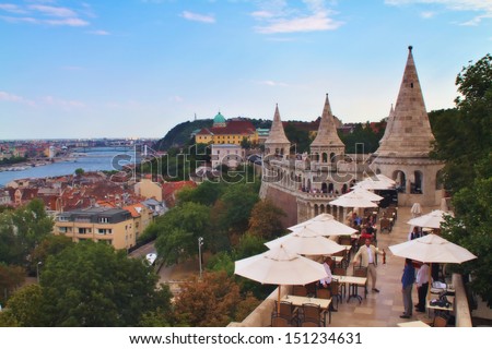 BUDAPEST, HUNGARY-13 AUGUST: Fisherman\'s Bastion on August 13,2013 in Budapest.Fisherman\'s Bastion is a terrace in neo-Gothic and neo-Romanesque style.It was designed and built between 1895 and 1902.