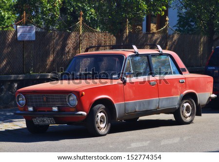 VISEGRAD, HUNGARY-18 AUGUST: Old Soviet car VAZ-2101 Zhiguli on August 18, 2013 in Visegrad.The VAZ-2101 is a compact sedan car produced by AvtoVAZ and introduced in 1970.It had a 1.2L 58 HP engine.