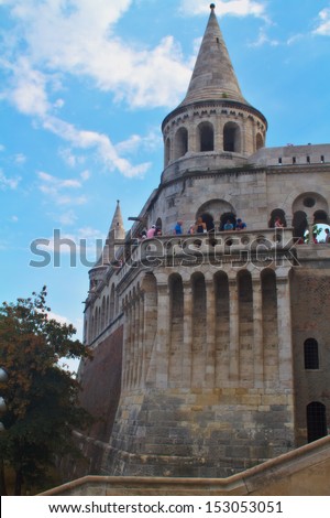 BUDAPEST, HUNGARY-13 AUGUST: Fisherman\'s Bastion on August 13,2013 in Budapest. Fisherman\' s Bastion is a terrace in neo-Gothic and neo-Romanesque style. It was designed and built between 1895 and 1902