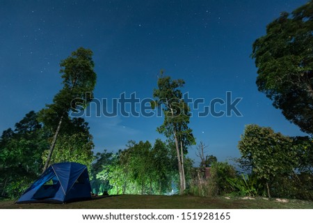 dark night sky with many stars with camping tent in Kaeng Krachan National Park, Phetchaburi, Thailand