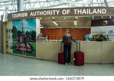 BANGKOK-NOV 30:View of a tourist information desk in Bangkok Suvarnabhumi International Airport on November 30, 2013 in Bangkok,Thailand.This airport is handling about 45 million passengers annually.
