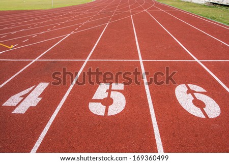 Athletic running track with number four,five and six in stadium
