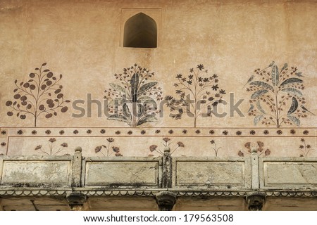 Jaipur, India - October 22,2012 : View of wall painting Mughal Art  at  Amber Fort in Jaipur, Rajasthan, India.