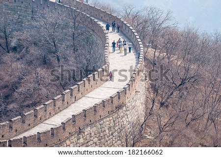 BEIJING,CHINA - MARCH 30 ,2011 : Visitors walks on the Great Wall of China at Mutianyu pass in Beijing,China.The Great Wall of China is the longest man-made structure in the world.