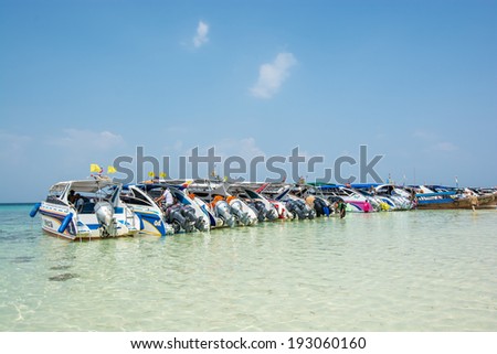 KRABI, THAILAND MARCH 28, 2014 :The speed boats waiting tourist on bay of Phi Phi island in Krabi Thailand.