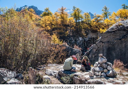 Daocheng, Sichuan , China - October 21,2008 : Chinese tourist visting autumn forest in Yading national level reserve in Daocheng, Sichuan Province, China.