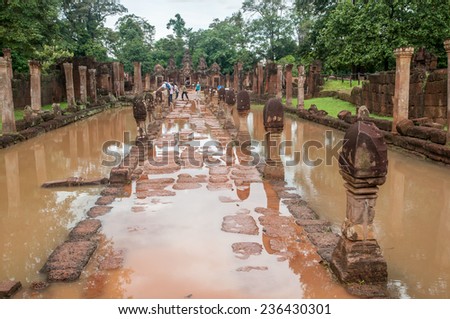 Siem Reap,Cambodia-October 03,2009 :Tourists visiting the Banteay Srei temple on flood situation in Siem Reap,Cambodia.Banteay Srei or Srey is a 10th century  temple dedicated to the Hindu god Shiva.