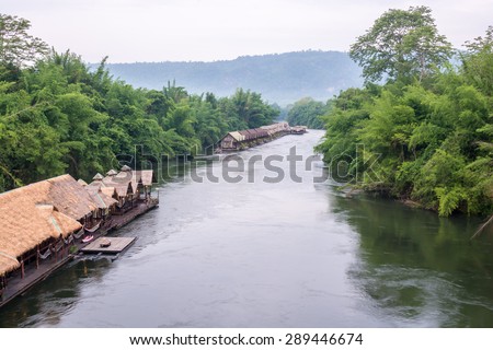 Kanchanaburi , Thailand - May 11,2015 : River view at  The Forest Resort with raft house on River Kwai in Kanchanaburi, Thailand.