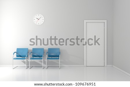 Three blue stools and wall clock in the waiting room