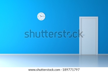 Wall clock in empty room with blue wall and white door