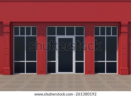 Red shopfront with large windows. Red store facade.