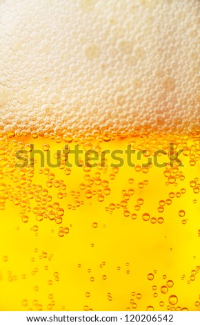 Orange beer and white froth background. Closeup view.