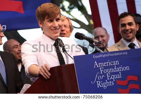 WEST HOLLYWOOD - AUG 5: Dustin Lance Black speaking at the Day Of Decision rally in West Hollywood, CA on August 5, 2010.