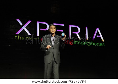 LAS VEGAS - JAN 9: Sony consumer products head Kaz Hirai unveils the new Sony Ericsson Xperia phone at the Sony press conference at the 2012 International CES in Las Vegas, NV on January 9, 2012.