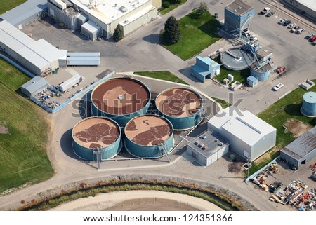 An aerial view of a sewage treatment facility