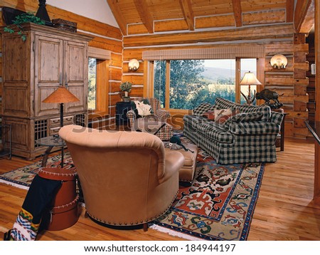 Tetonia, Idaho, USA, Mar. 23 2011The interior of a cozy log cabin in the mountains
