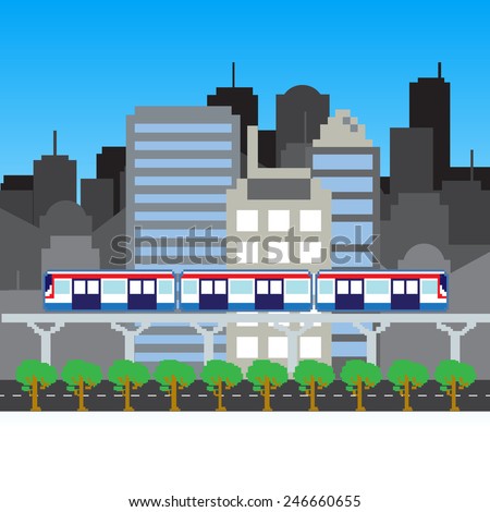 public transportation sky train in a city pixels art