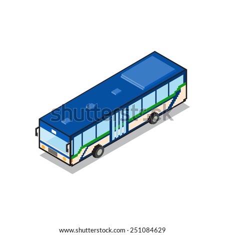 Bangkok public transportation blue aircondition bus isometric view pixel design