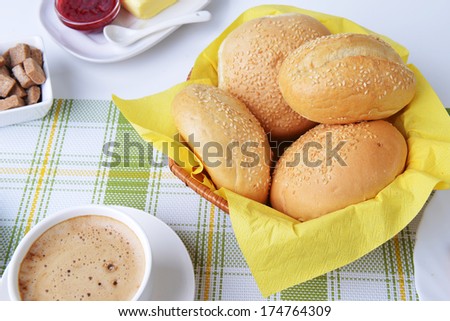 food for breakfast. coffee, buns, butter and jam