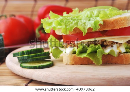 sandwich with  cutlet and vegetables lies on  plate
