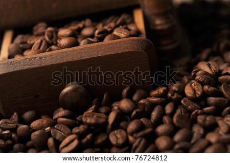 coffee beans in  box from  old hand grinder