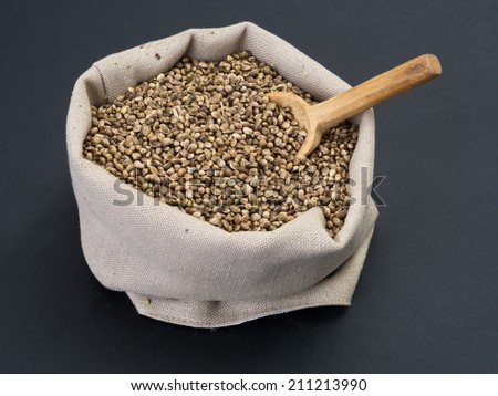 Hemp seeds in a bag with wood spoon on dark background