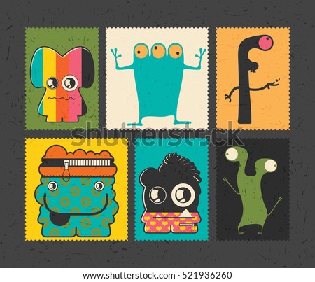 Set of six retro postage`s stamp with funny monsters on different color background, . Cartoon illustration.